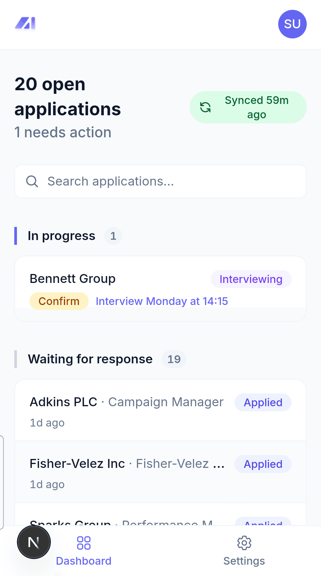 ApplyInbox dashboard showing 20 open applications with interview scheduling and status tracking