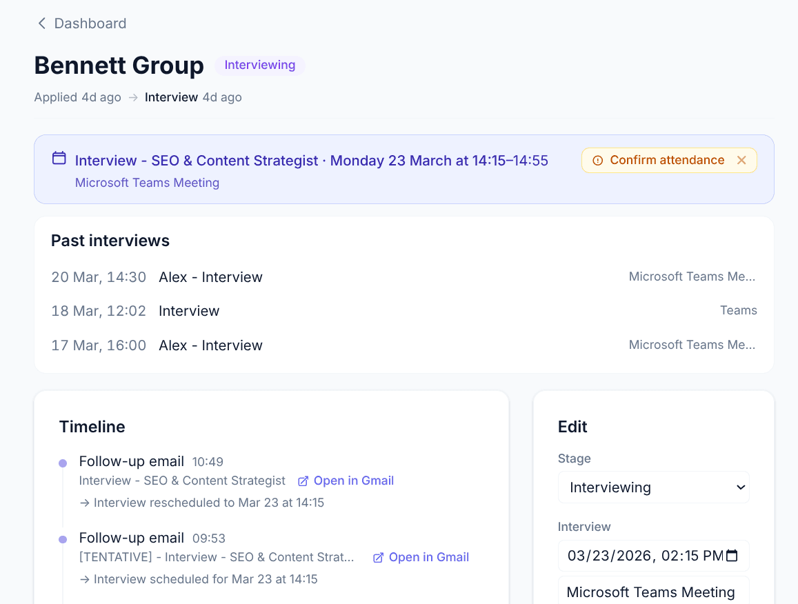 Application detail view showing upcoming interview, past interviews, email timeline, and stage tracking